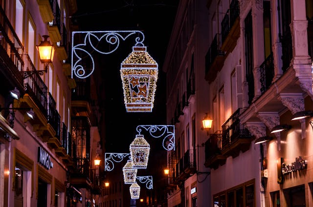 colorful street lights near commercial establishment