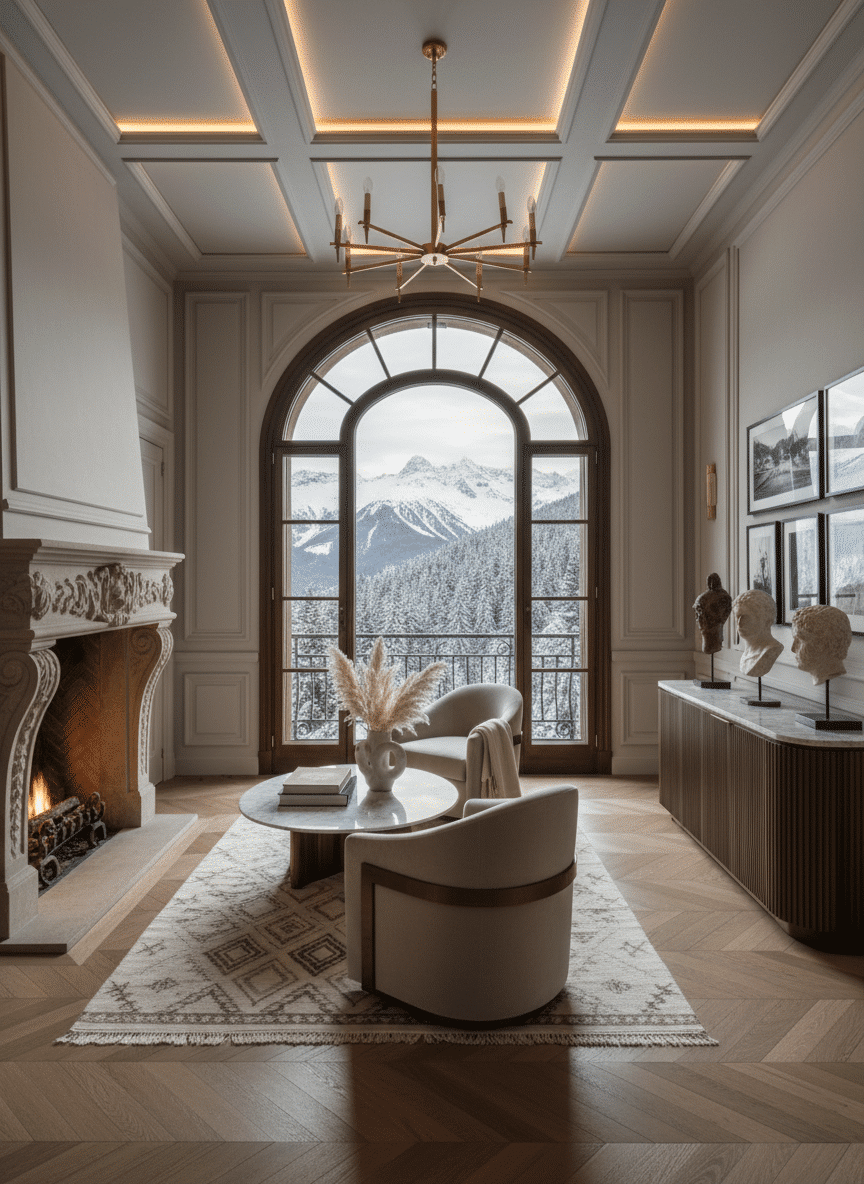 Elegant chalet interior: spending time with an elite escorts Kitzbuhel offers in the snowy alps