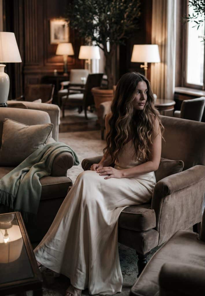 Elite escort companion in a luxury lobby lounge